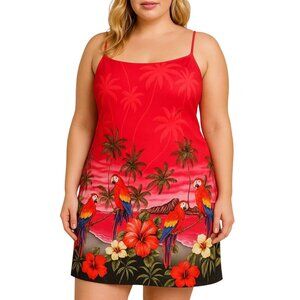Tropical Print Red Spaghetti Strap Dress With Palm Trees & Parrots Size XL